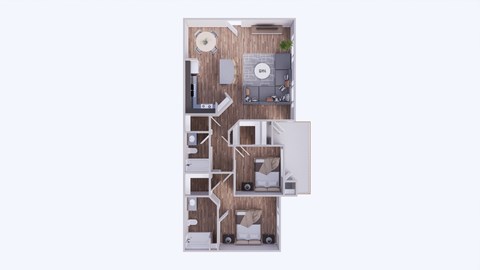 A floor plan of a house with a kitchen, living room, and two bedrooms.